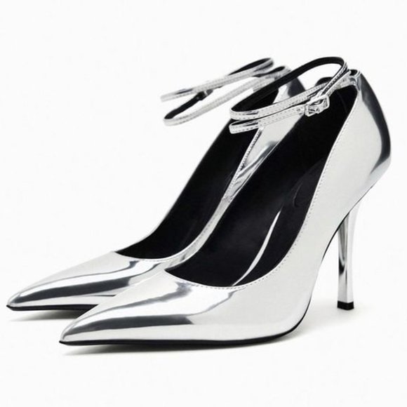 BLOGGER'S FAVE! Zara Metallic High Heels Silver NWT - Picture 4 of 13